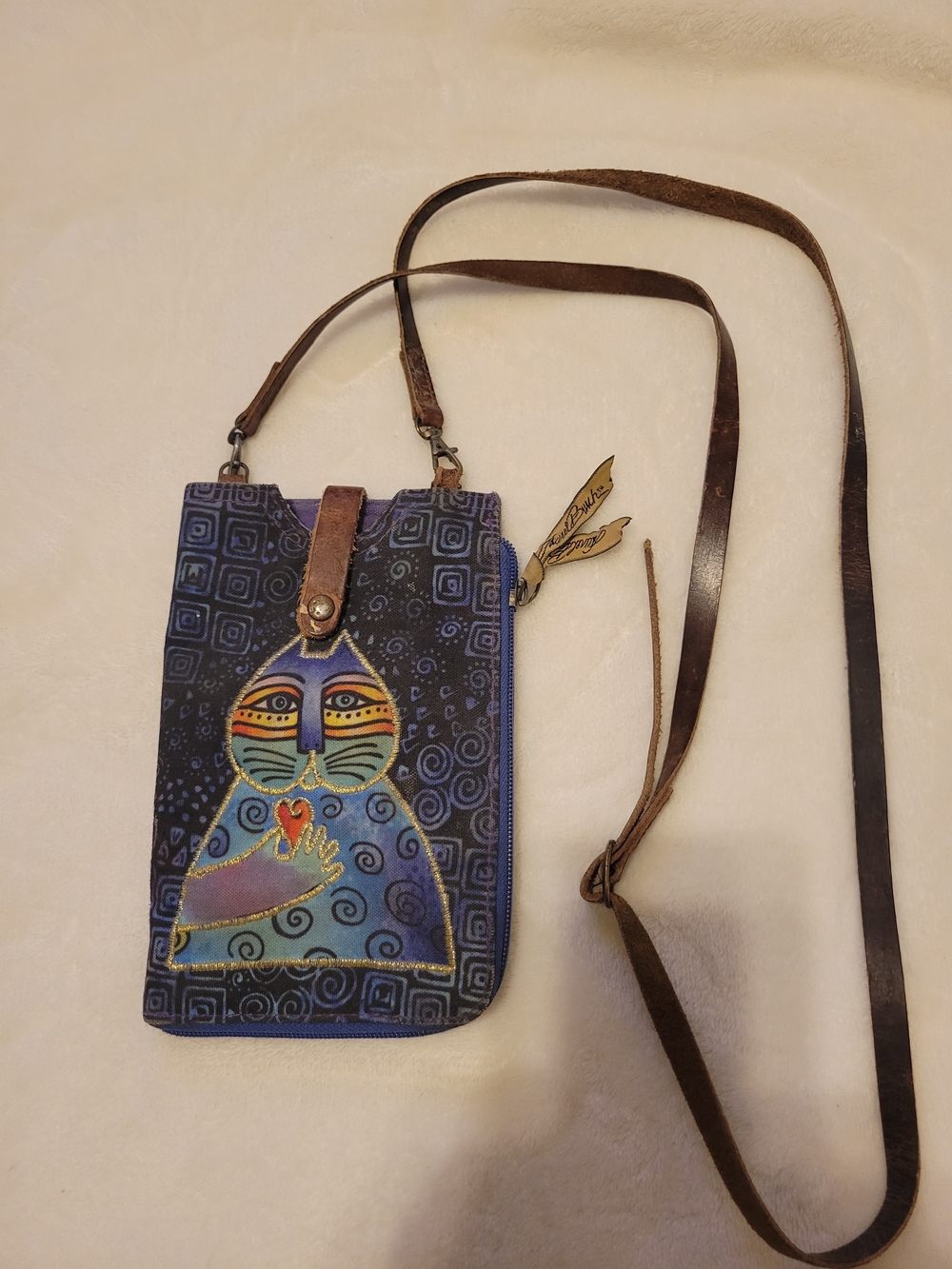 Laurel Burch Hand-Painted Cat Crossbody Cellphone Bag in Blue